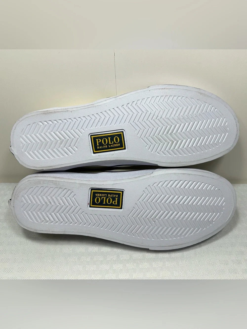 Polo Ralph Lauren Keaton Slip-On Bear Men's 10 Canvas Cream Sneaker Shoes EXC!